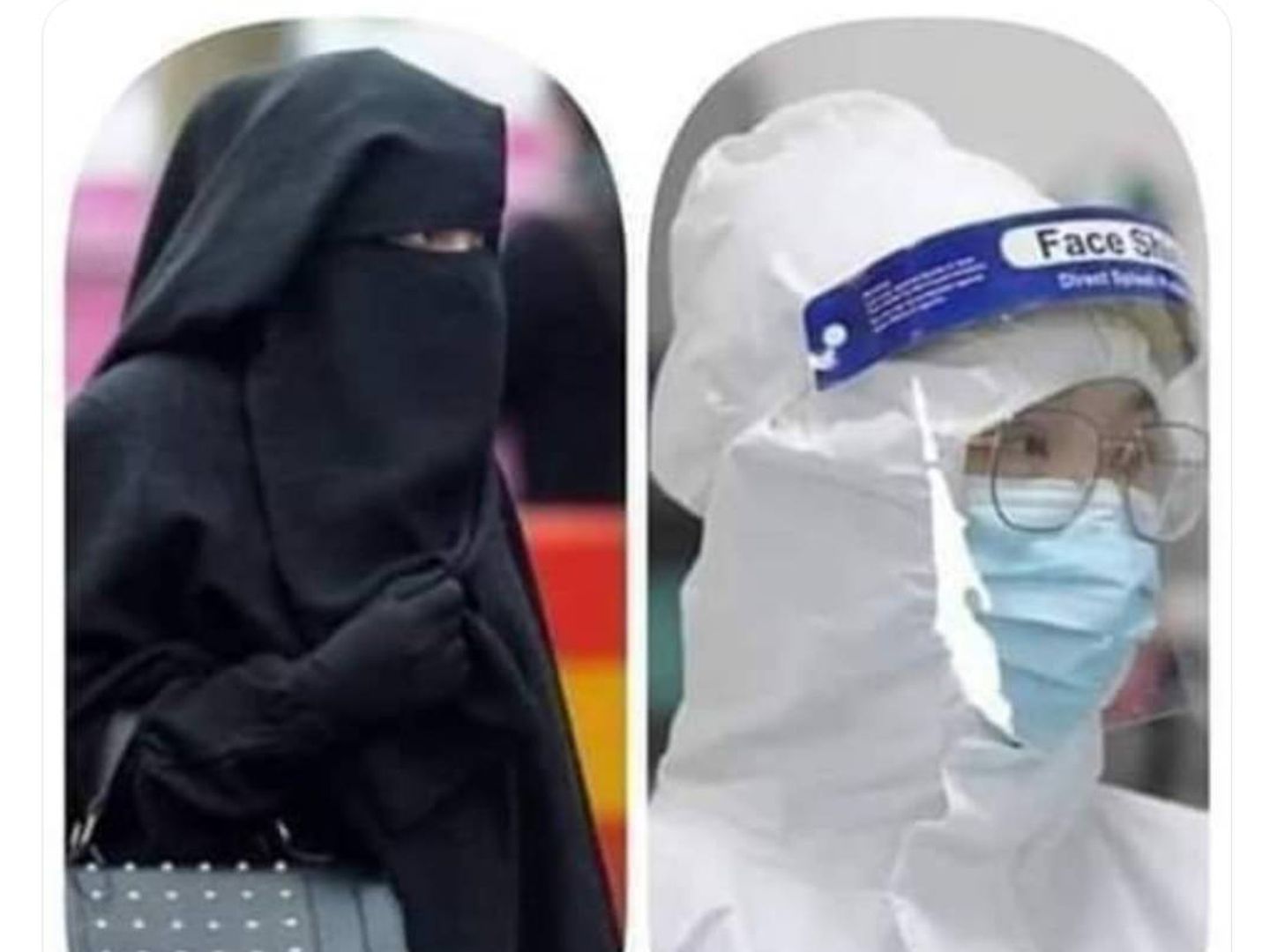 Una mujer tocada con el 'niqab' y personal sanitario en la crisis del coronavirus.
