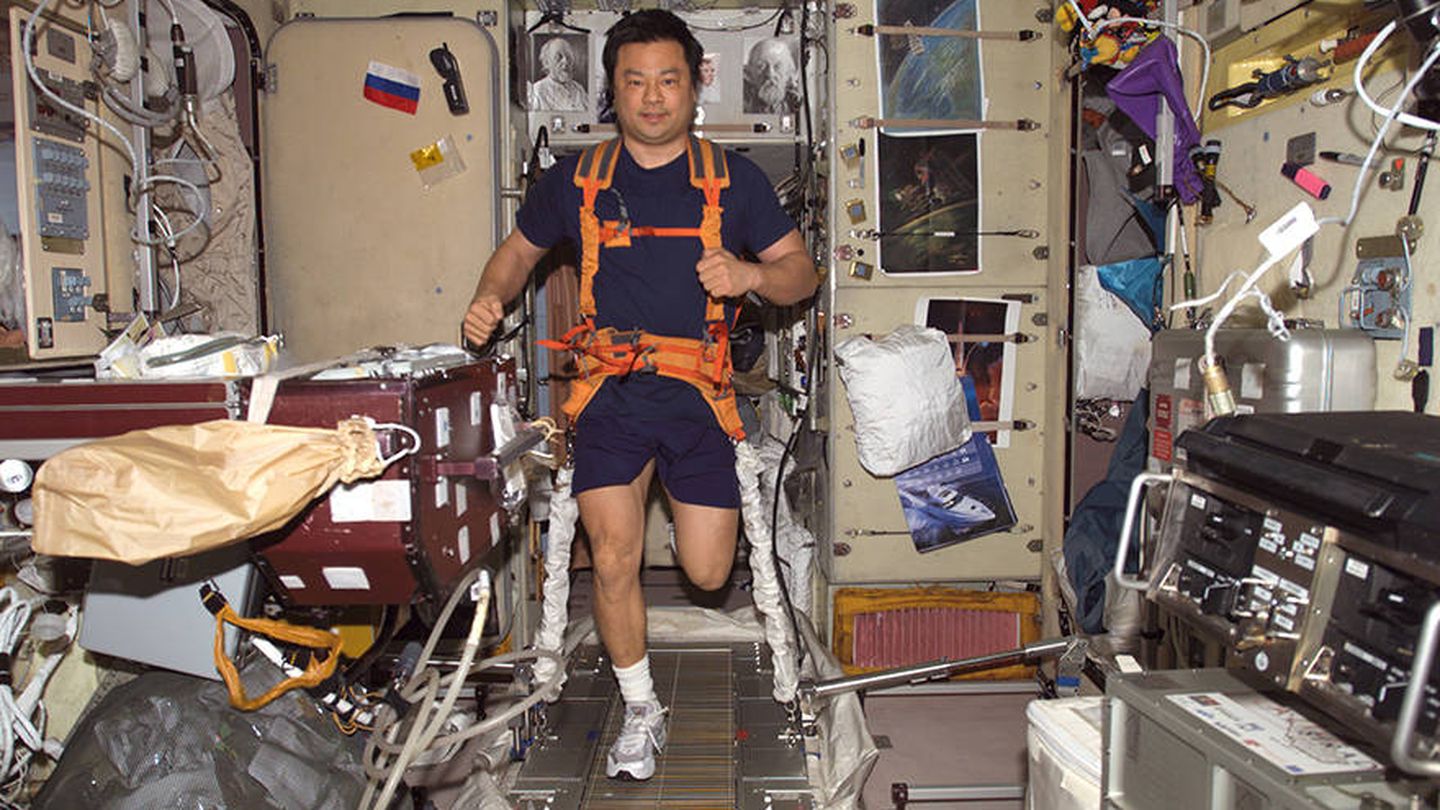 El astronauta Leroy Chiao haciendo ejercicio en la EEI (NASA)