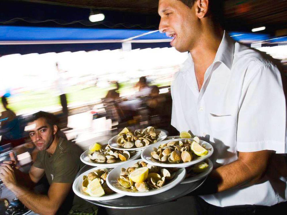 Foto: Un camarero mientras sirve varios platos en una terraza. (EFE)