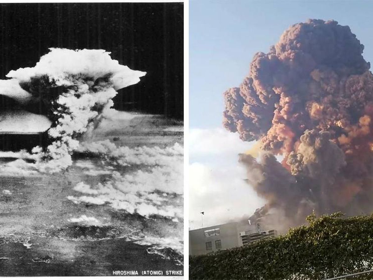 Foto: A la izquierda, el ataque con bomba atómica sobre Hiroshima; a la derecha, la explosión accidental en el puerto de Beirut