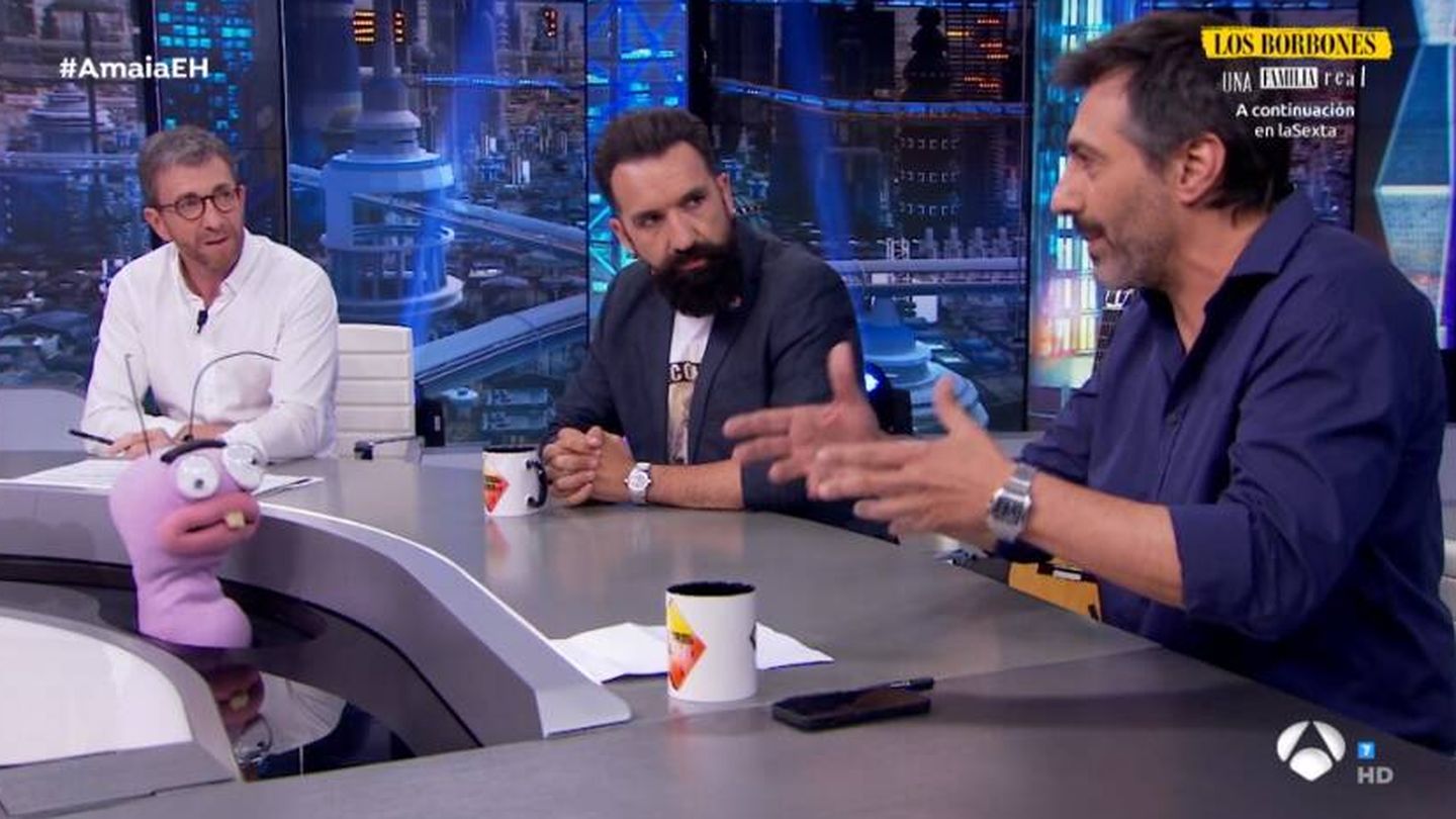El presentador Pablo Motos junto a Miguel Lago y Juan del Val. (Atresmedia)