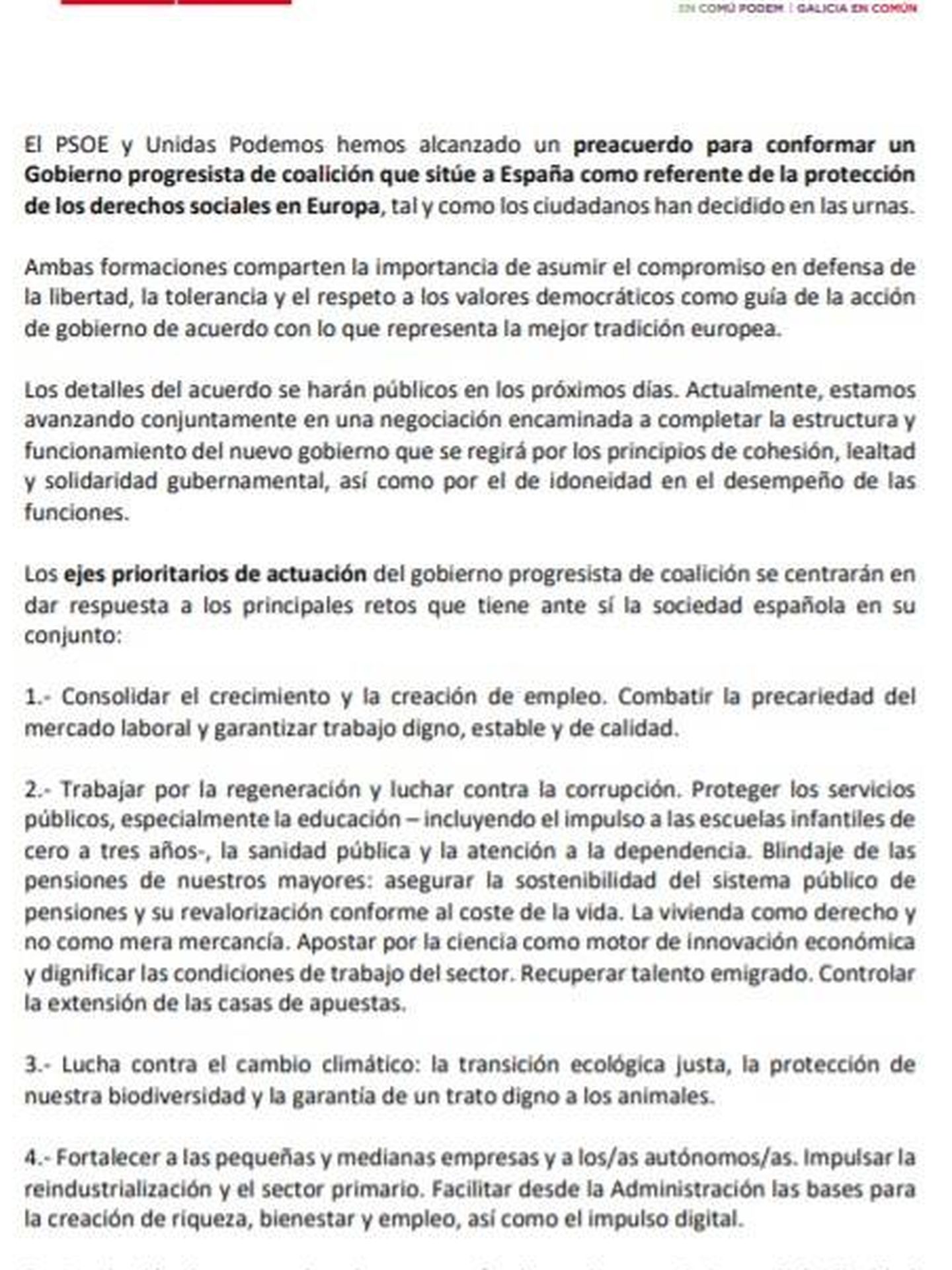 Consulte aquí en PDF el preacuerdo de PSOE y Unidas Podemos para un Gobierno de coalición.