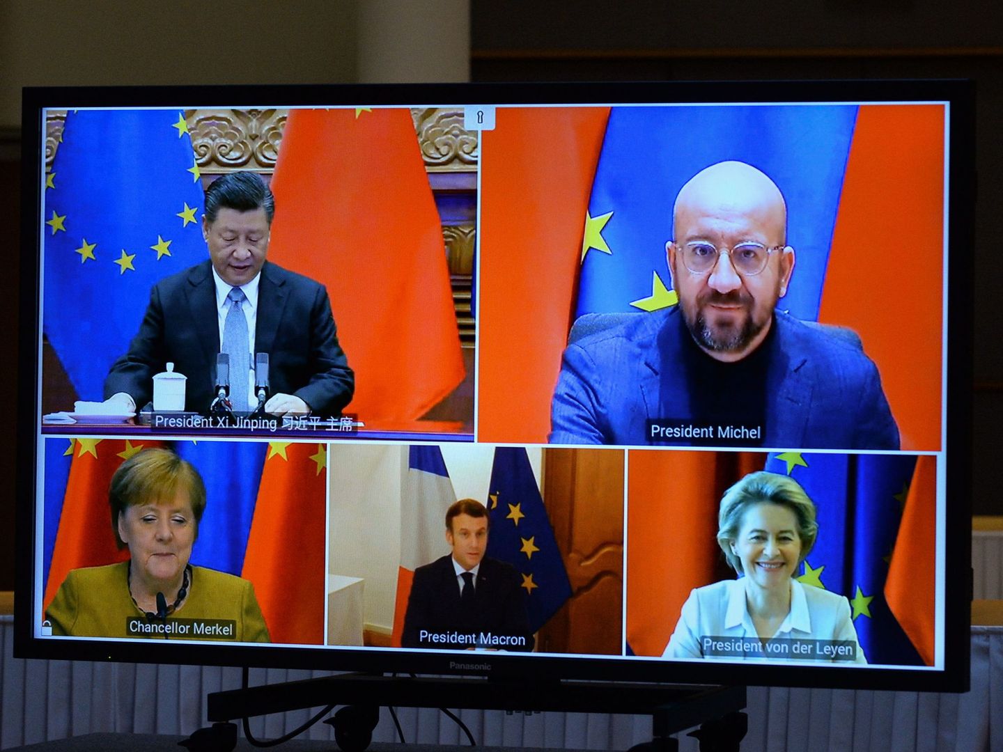 La videoconferncia entre los representantes de Europa y China. (EFE)