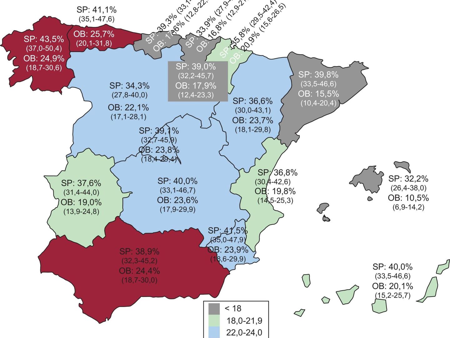 Mapa de la distribución de la obesidad en España.