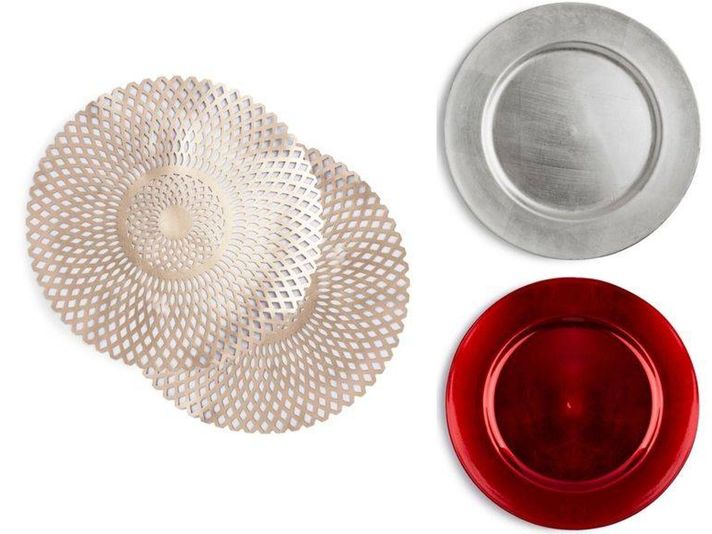 Manteles individuales y platos de plástico metálicos. (Cortesía)