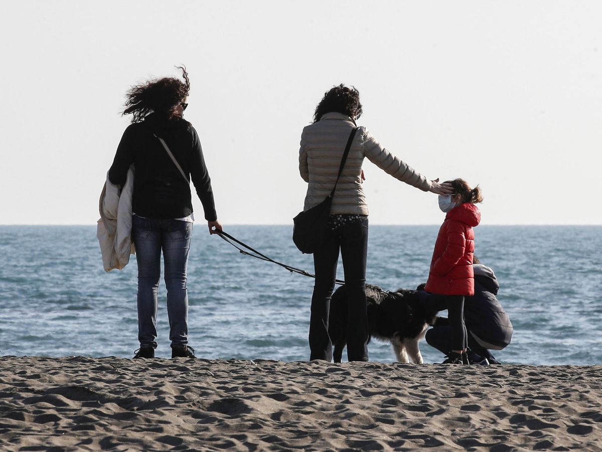 Foto: Una familia pasea con su perro este domingo por un playa de Ostia, cerca de Roma.(EFE)