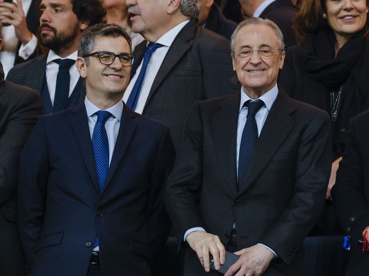 Foto: Florentino Pérez, junto al ministro Félix Bolaños, en el palco del Bernabéu. (EFE/Ballesteros)