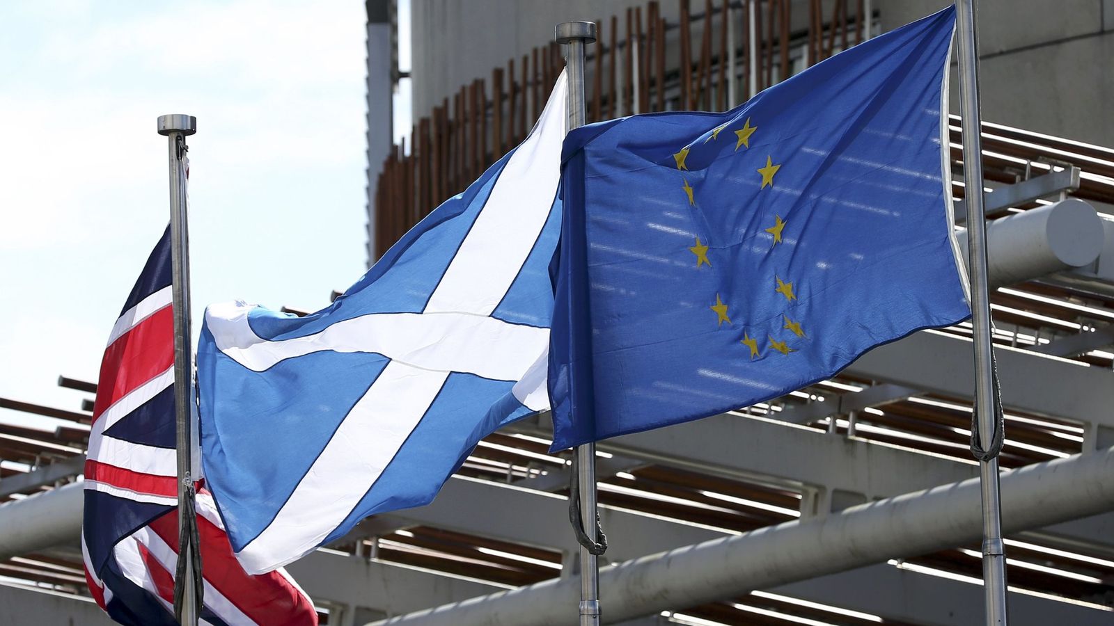 Foto: Las banderas de Reino Unido, Escocia y la UE en el Parlamento escocés. (Reuters)