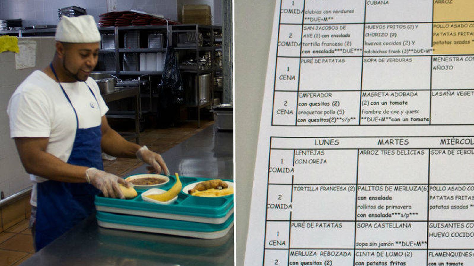 Foto: Un trabajador de la cocina en la cárcel de Estremera y parte del horario con el menú del día. (EC)