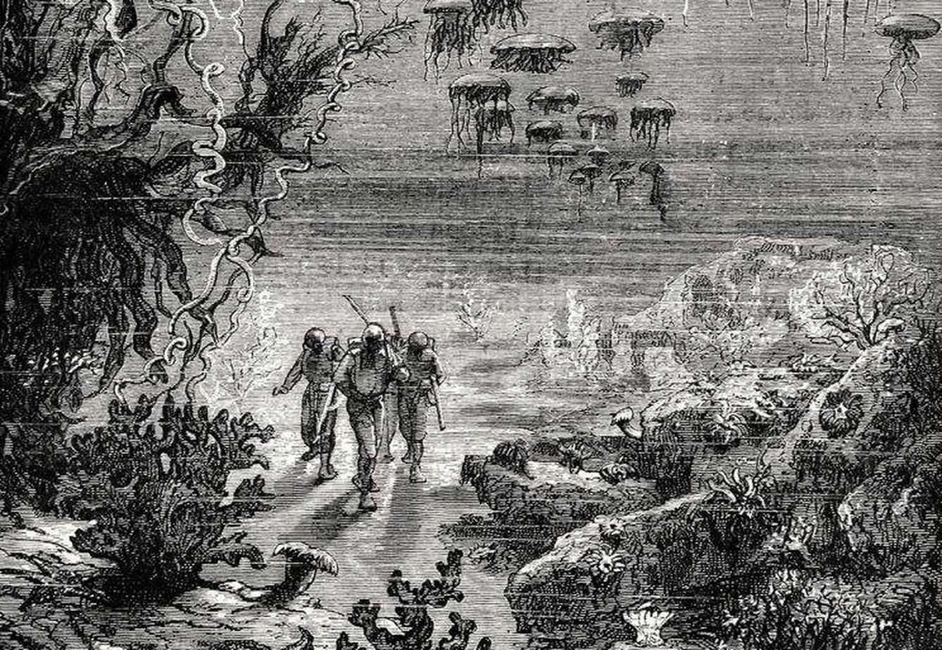 Cacería submarina en la isla de Crespo ilustrada por Neville en 1885.