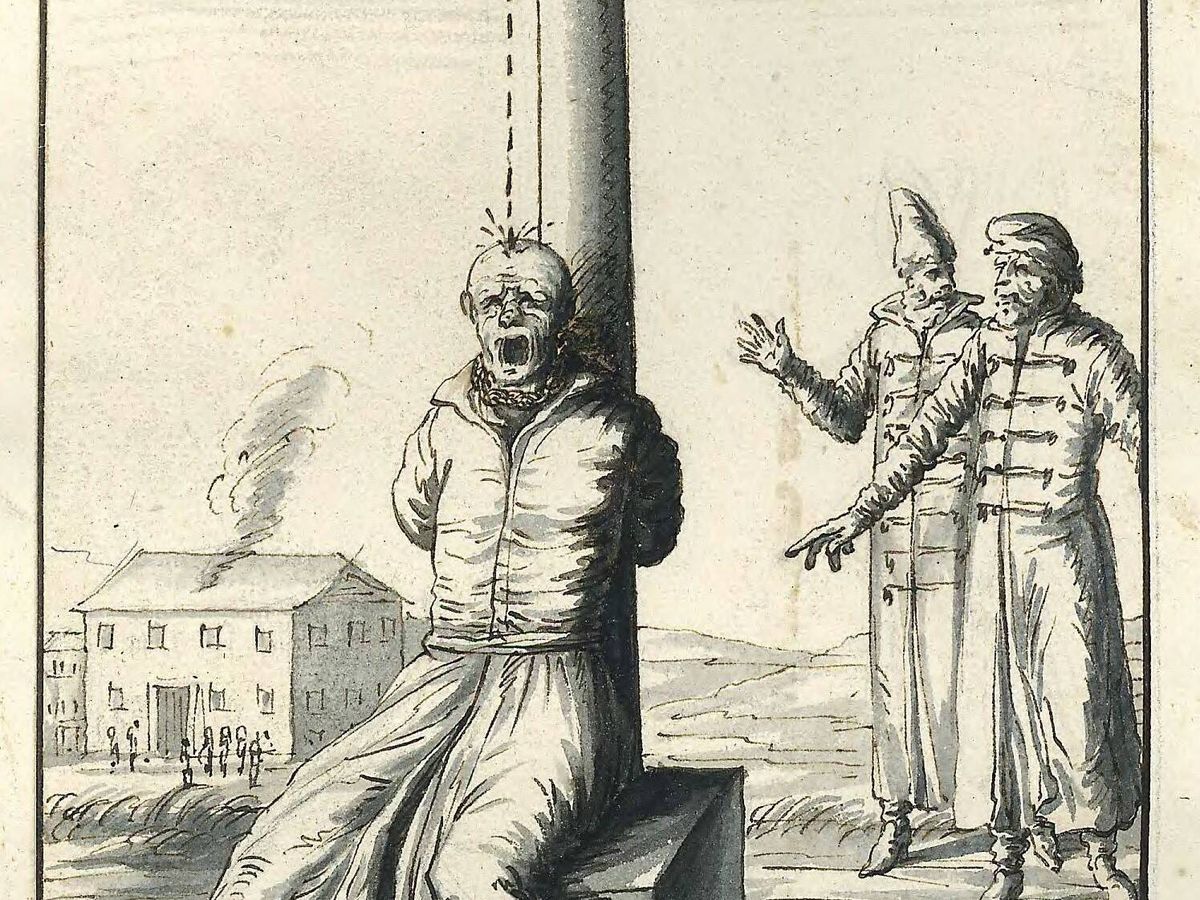 Foto: Un acusado de asesinato es torturado con gotas de agua sobre su cabeza en Suecia en 1694. Fuente: Wikimedia.