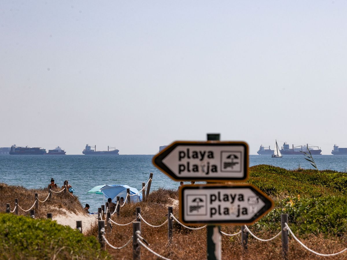 Foto: Playa de El Saler, con los buques al fondo esperando para acceder al puerto de Valencia. (EFE/Manuel Bruque) 