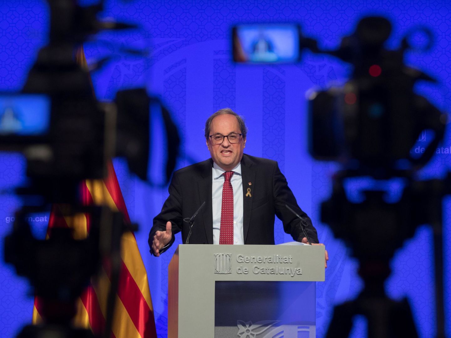 El president de la Generalitat, Quim Torra, en uno de sus frecuentes discursos públicos. (EFE)