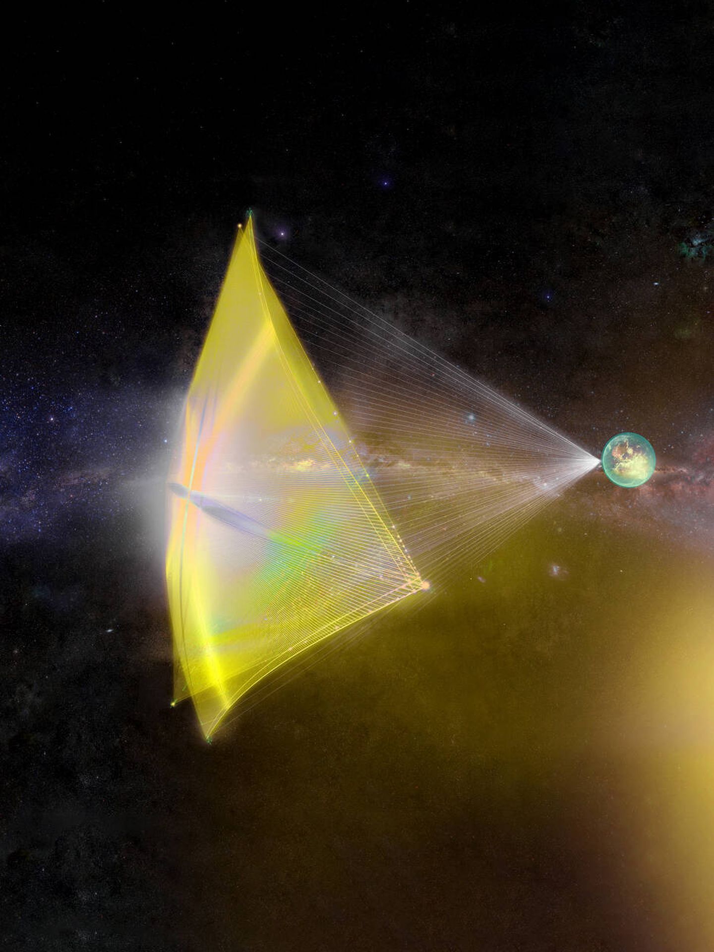 Visualización de la nave espacial que puede alcanzar un 20% de la velocidad de la luz usando velas solares. (Project Breakthrough Starshot)