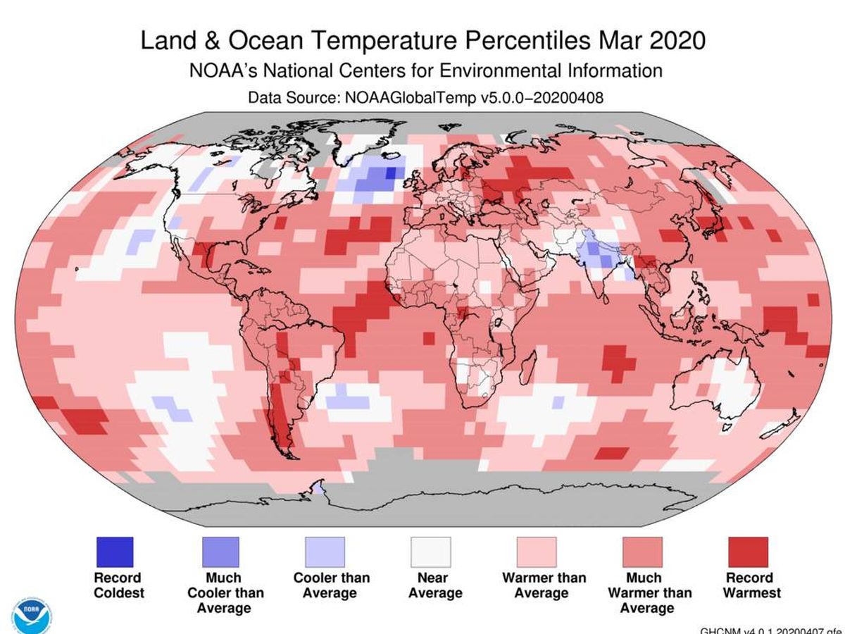 Foto: Mapa de las temperaturas globales en marzo, cuanto más rojo, más cálido. Foto: NOAA