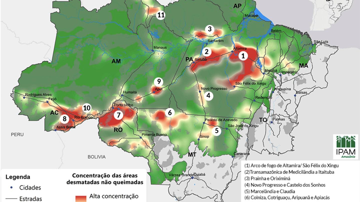 Mapa del IPAM con los focos con alta concentración de áreas deforestadas ahora mismo.