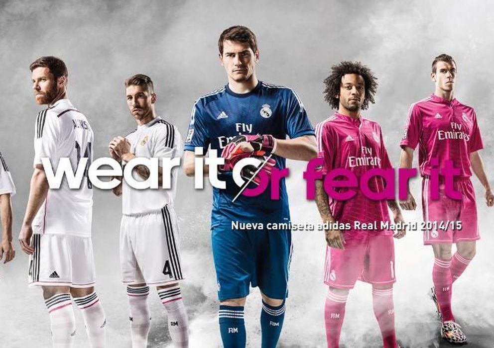 Foto: Las tres camisetas del Real Madrid para el curso 2014-15: blanca, rosa y azul (Foto: adidas.es).