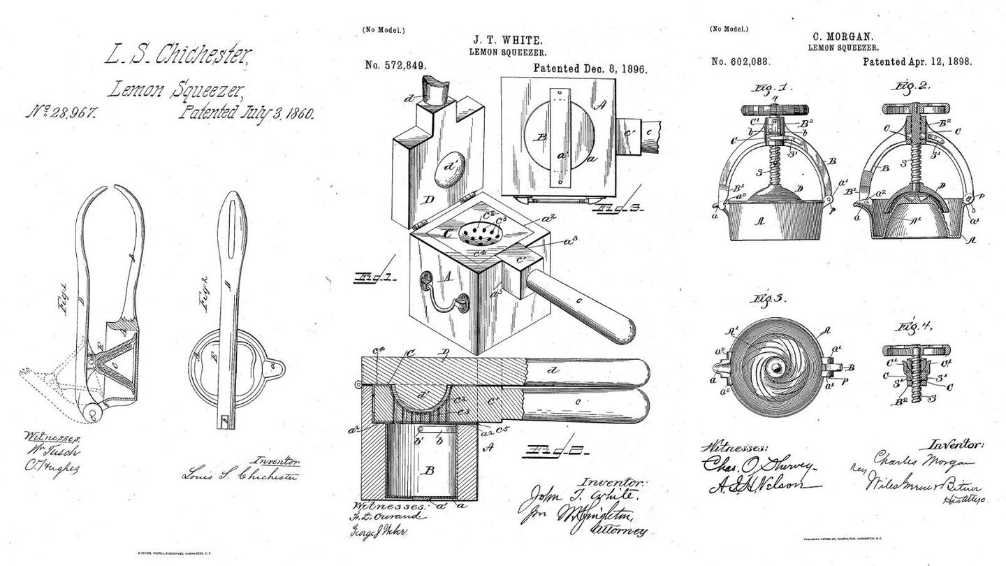 Esquemas originales del registro de las patentes de Chichester (1860), White (1896) y una más novedosa, la de Morgan. (Wikiwand)