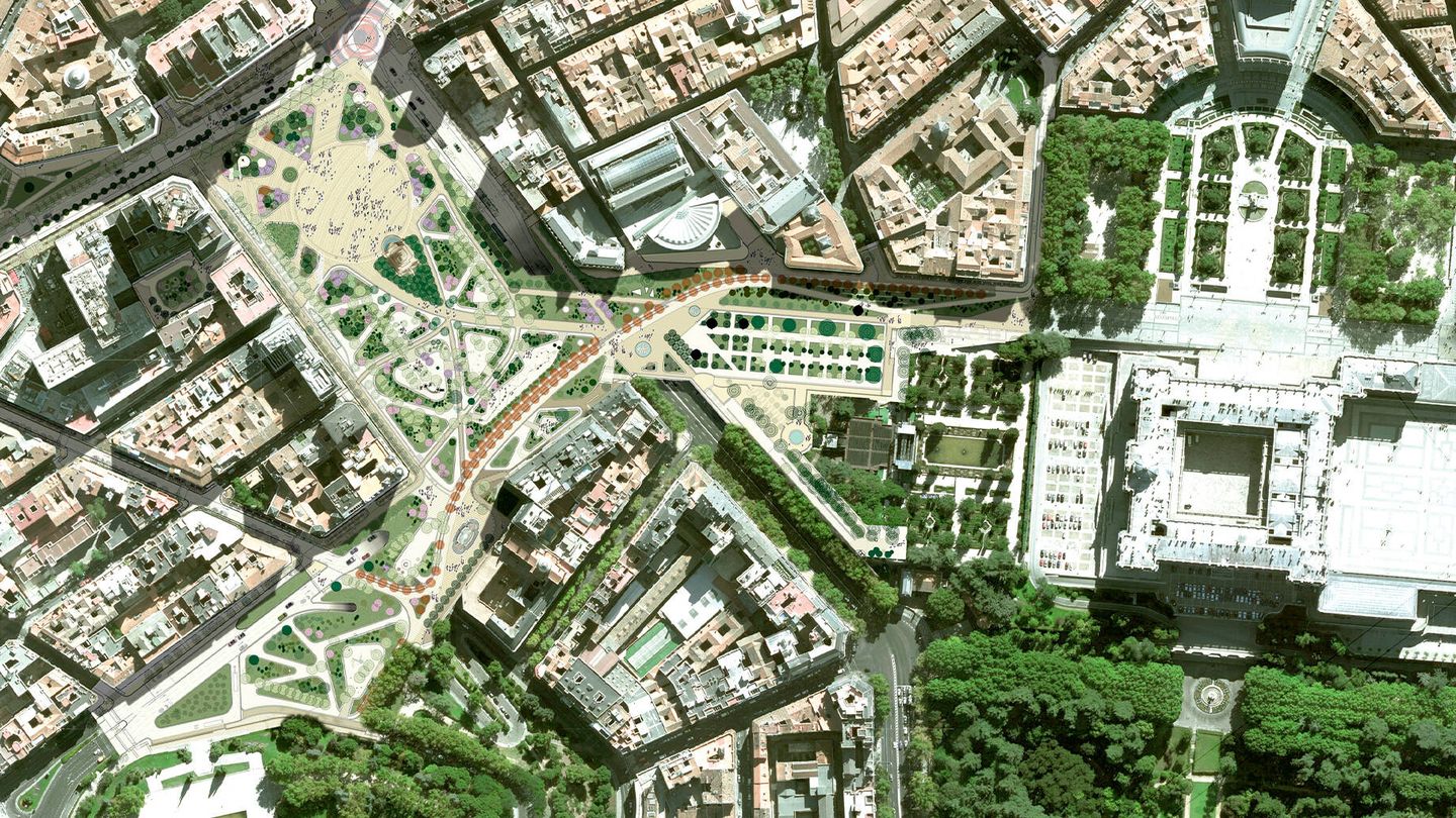 Vista aérea de la nueva plaza de España y del eje peatonal