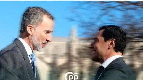 El PP andaluz desafía a la ley electoral con un cartel de Juanma Moreno con el Rey Felipe