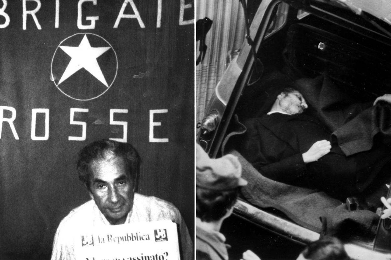 A la izquierda, Aldo Moro durante su secuestro por las Brigadas Rojas. A la derecha, su cadáver encontrado en el maletero de un coche.