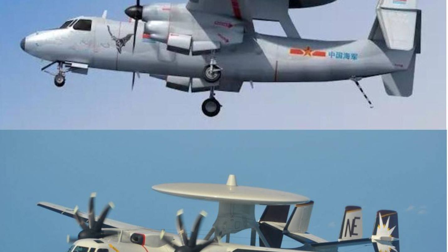 El KJ-600 chino (arriba) es uno ma?s de los casos donde se acusa a China de copiar disen?os. Abajo el E-2 norteamericano. (k.sina.cn - US Navy)