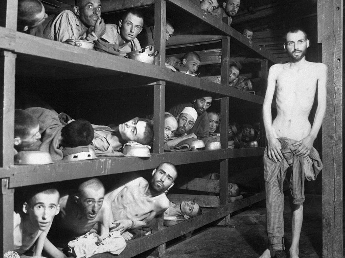 En esta famosa fotografía de Buchenwald, podemos encontrar a Wiesel en la segunda fila, el séptimo contando desde la izquierda. (Wikipedia)