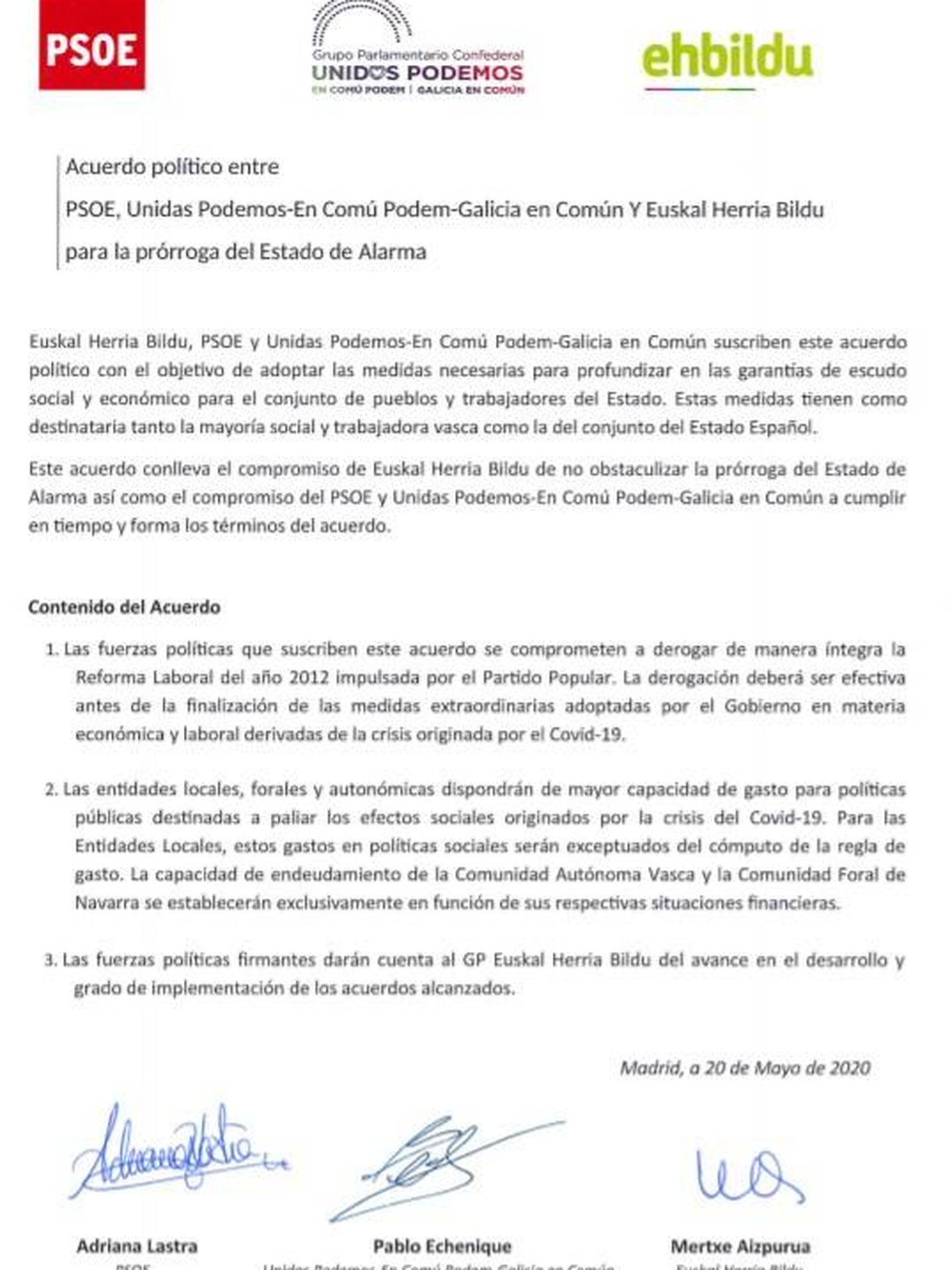 Consulte aquí en PDF el acuerdo de PSOE, Unidas Podemos y EH Bildu para derogar íntegramente la reforma laboral del PP de 2012. 