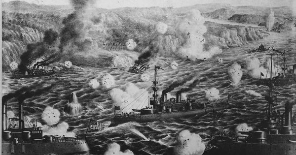 Foto: 'Destrucción de la flota del admirante Cervera en Cuba'. (Litografía de 1898)