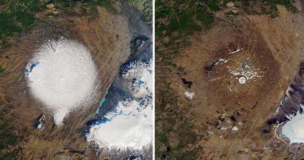 Foto: Dos fotografías del antes y el después del glaciar Okjokull: a la izquierda, en 1986; a la derecha, en la actualidad (Foto: NASA)