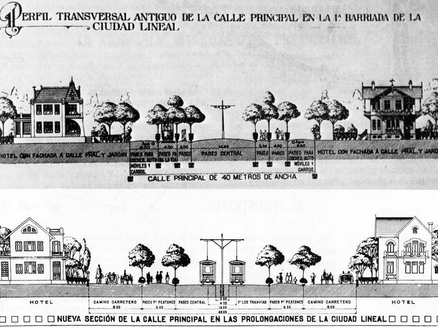 Diseño y medidas del bulevar de Ciudad Lineal contemplando carruajes y tranvía. (COAM)