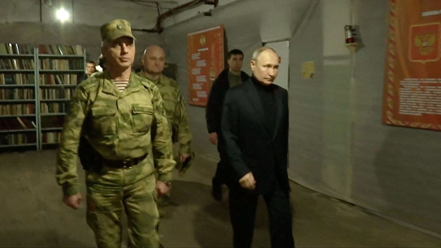 Russian President Vladimir Putin visits the national guard headquarters in the Luhansk Region, Russian-controlled Ukraine, in this still image taken from handout video released on April 18, 2023. Kremlin.ru Handout via REUTERS ATTENTION EDITORS - THIS IMAGE WAS PROVIDED BY A THIRD PARTY. NO RESALES. NO ARCHIVES. MANDATORY CREDIT.