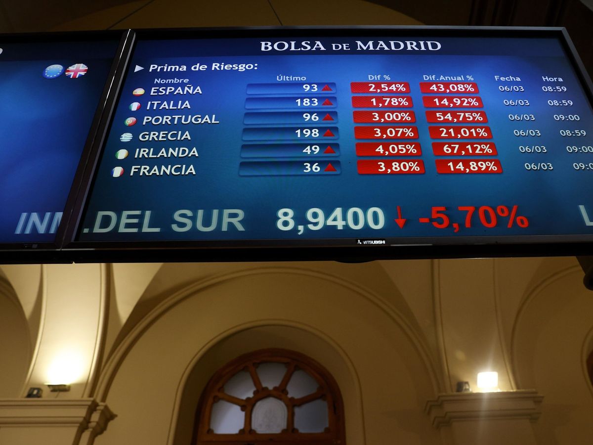 Foto: Paneles de la Bolsa de Madrid mostrando fuertes caídas. (EFE)