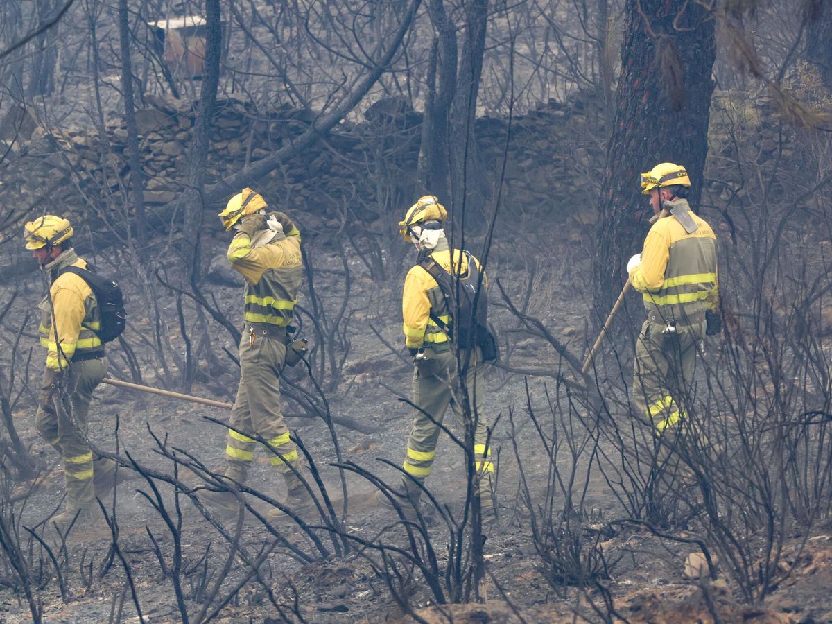 Foto: Efectivos del cuerpo de bomberos trabajan en las labores de extinción del incendio declarado en el término de Monsagro, al suroeste de Salamanca. (EFE/JM. García)