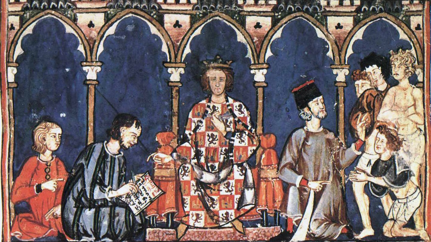 Imagen del Libro de los Juegos, en la que aparecen Alfonso X y algunos miembros de su corte. Fuente: Wikipedia.