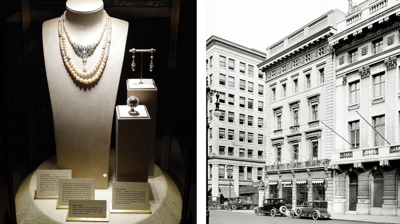 A la izquierda, collar de perlas naturales que requirió 20 años de trabajo. Su precio es de 3,2 millones de euros. A la derecha, imagen de la boutique en 1920. 