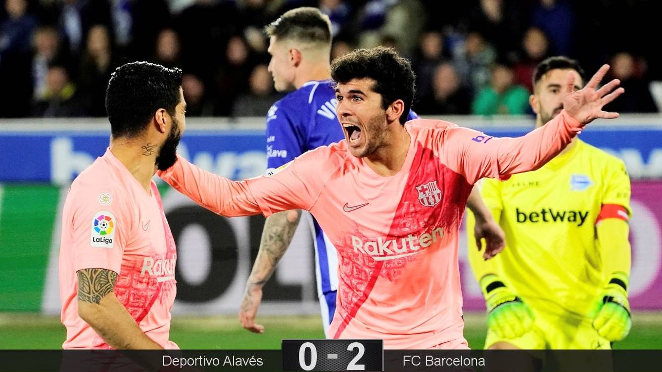 Foto: Aleñá celebra su gol contra el Alavés, el primero del Barcelona. (Reuters)