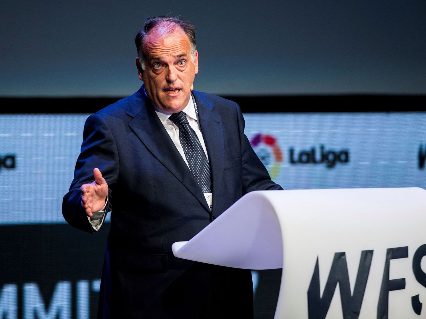 El presidente de LaLiga, Javier Tebas, durante su intervención en el 'World Football Summit'. (EFE)