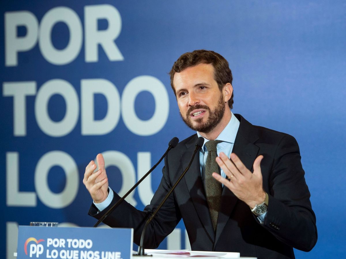 Foto: El líder del PP, Pablo Casado, en un acto electoral. (EFE)
