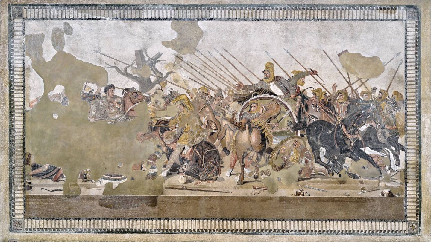 Mosaico de la batalla de Gaugamela entre Alejandro y Darío encontrado en la Casa del Fauno en Pompeya.  Siglo II a.C. (MANN/Luigi Spina)