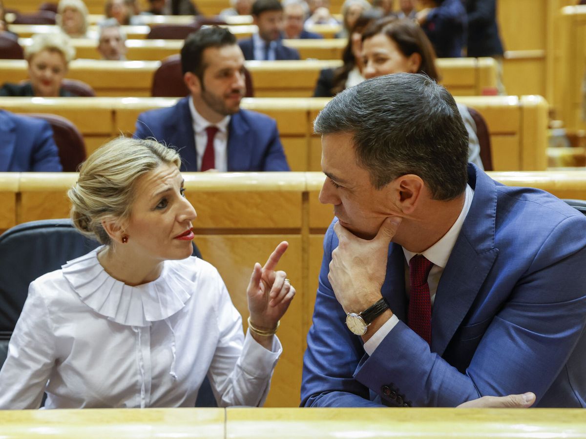 Foto: Pedro Sánchez y Yolanda Díaz, en una sesión de control al Gobierno en el Senado. (EFE/Mariscal)