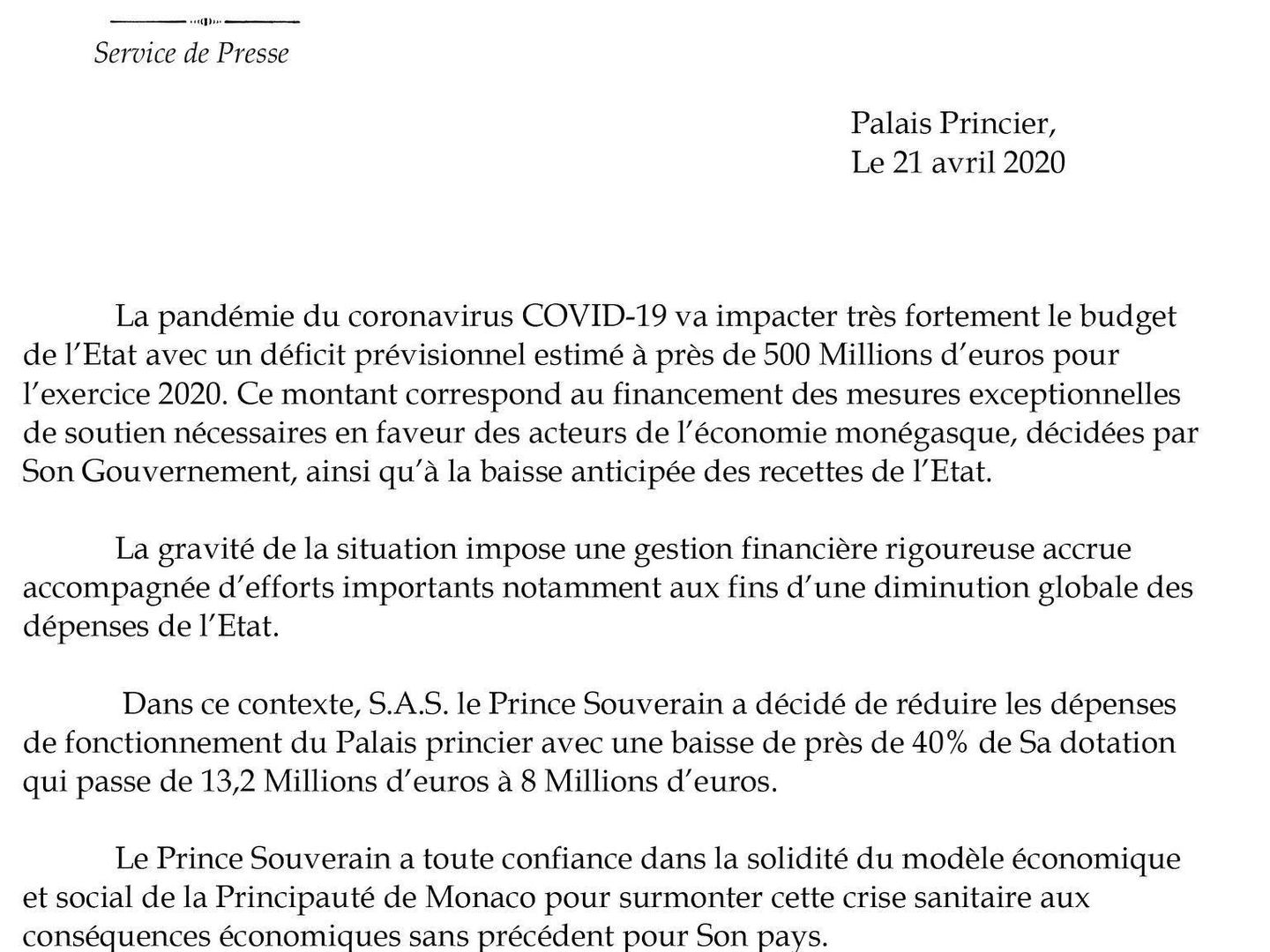 Comunicado emitido por el servicio de prensa del Principado de Mónaco. (Palais Princier)