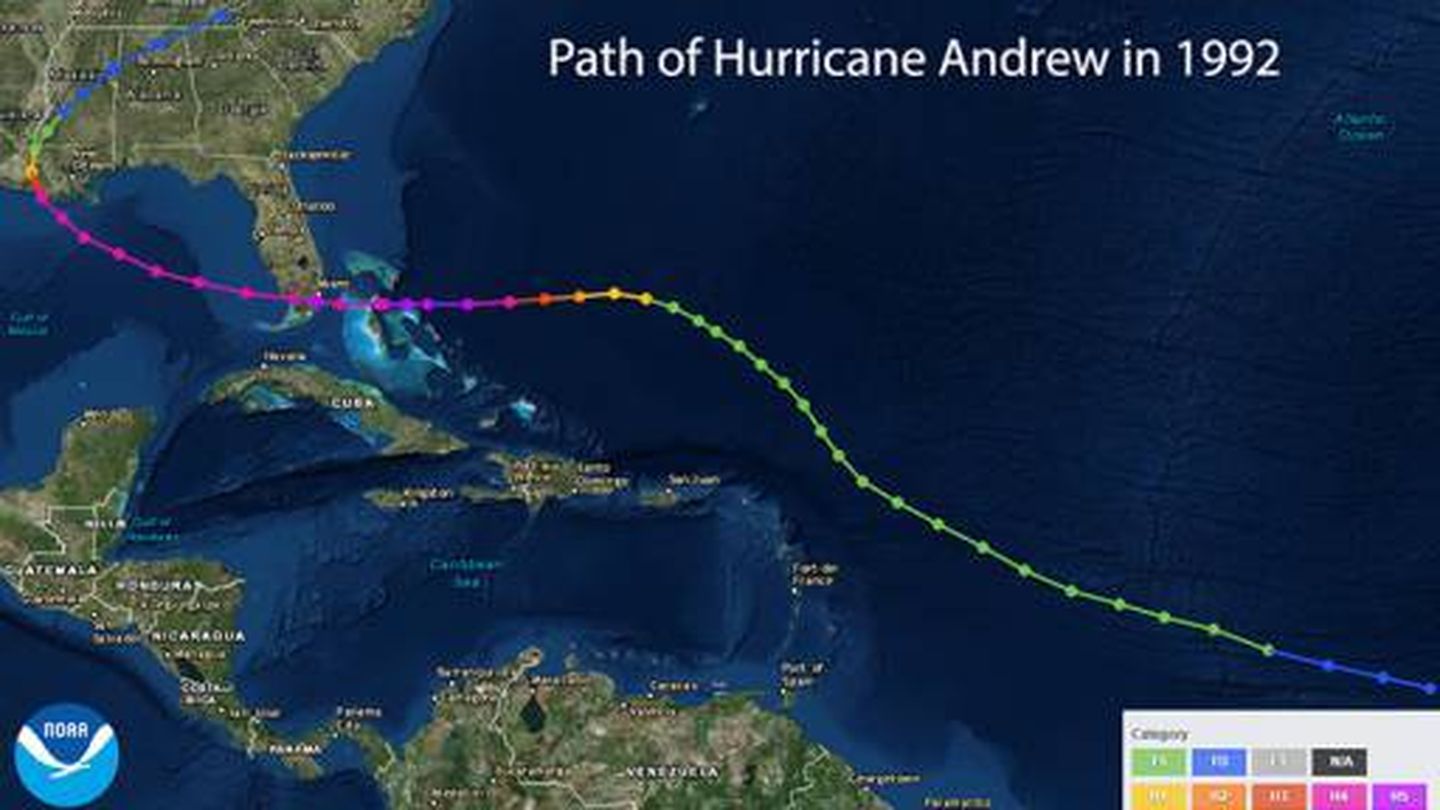 Comparación de las trayectorias de los huracanes Andrew (1992) e Irma (2017), la última prevista a fecha de 9 de septiembre. (Fuente: NOAA)