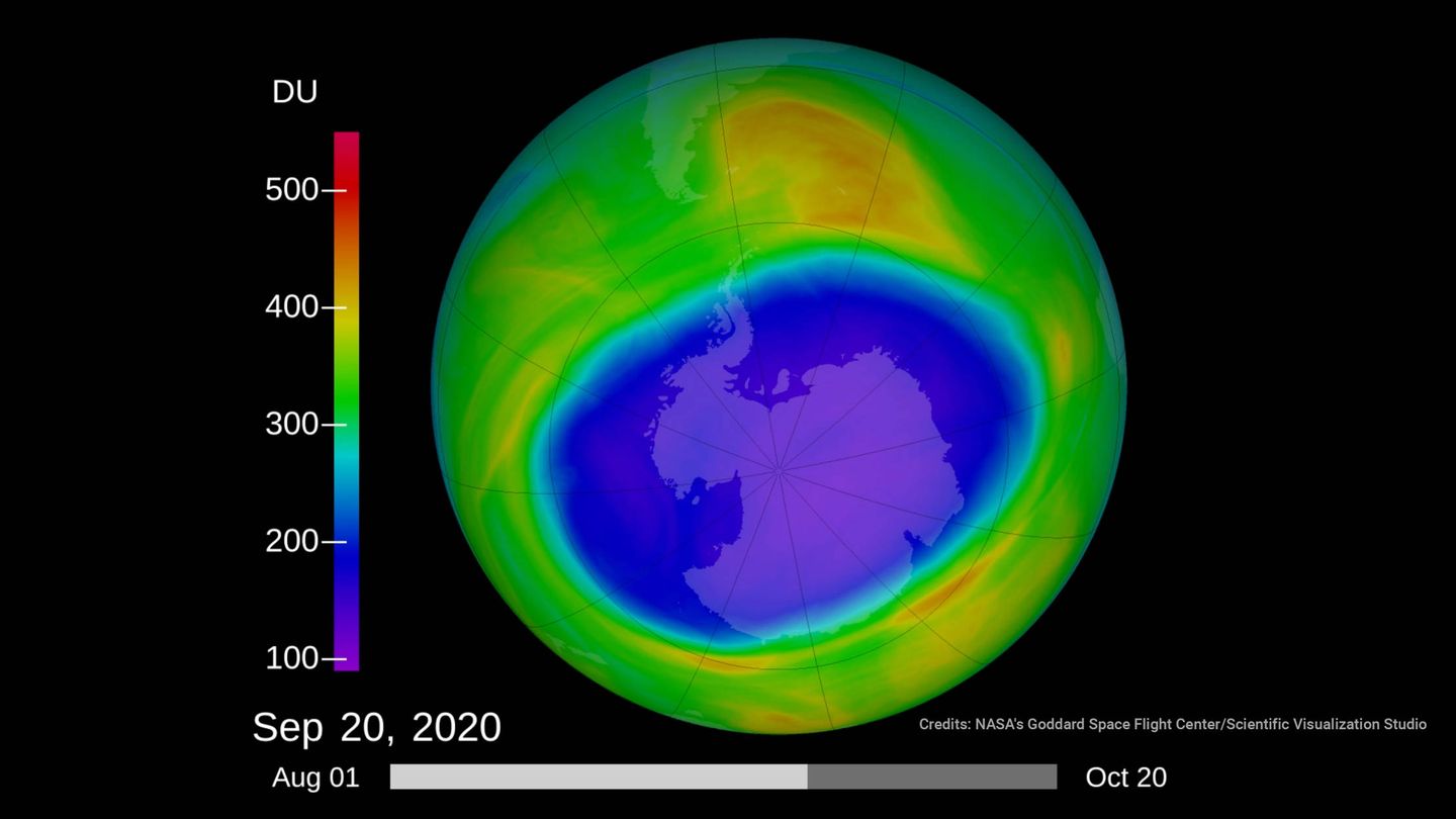 Agujero en la capa de ozono a finales de 2020. (NASA)