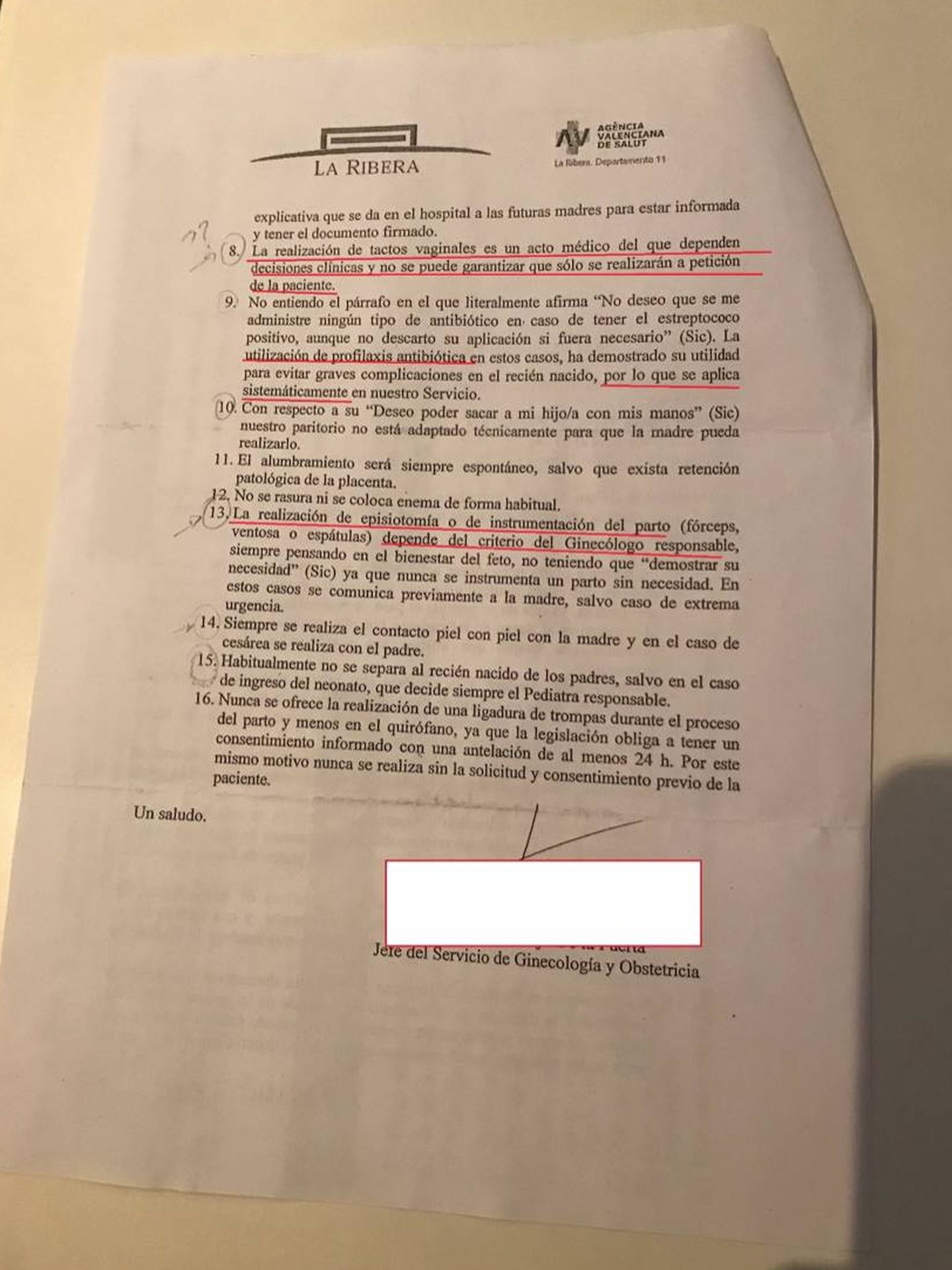 Respuesta del jefe de ginecología del Hospital de la Ribera a una embarazada (2). (Pinche para ampliar)