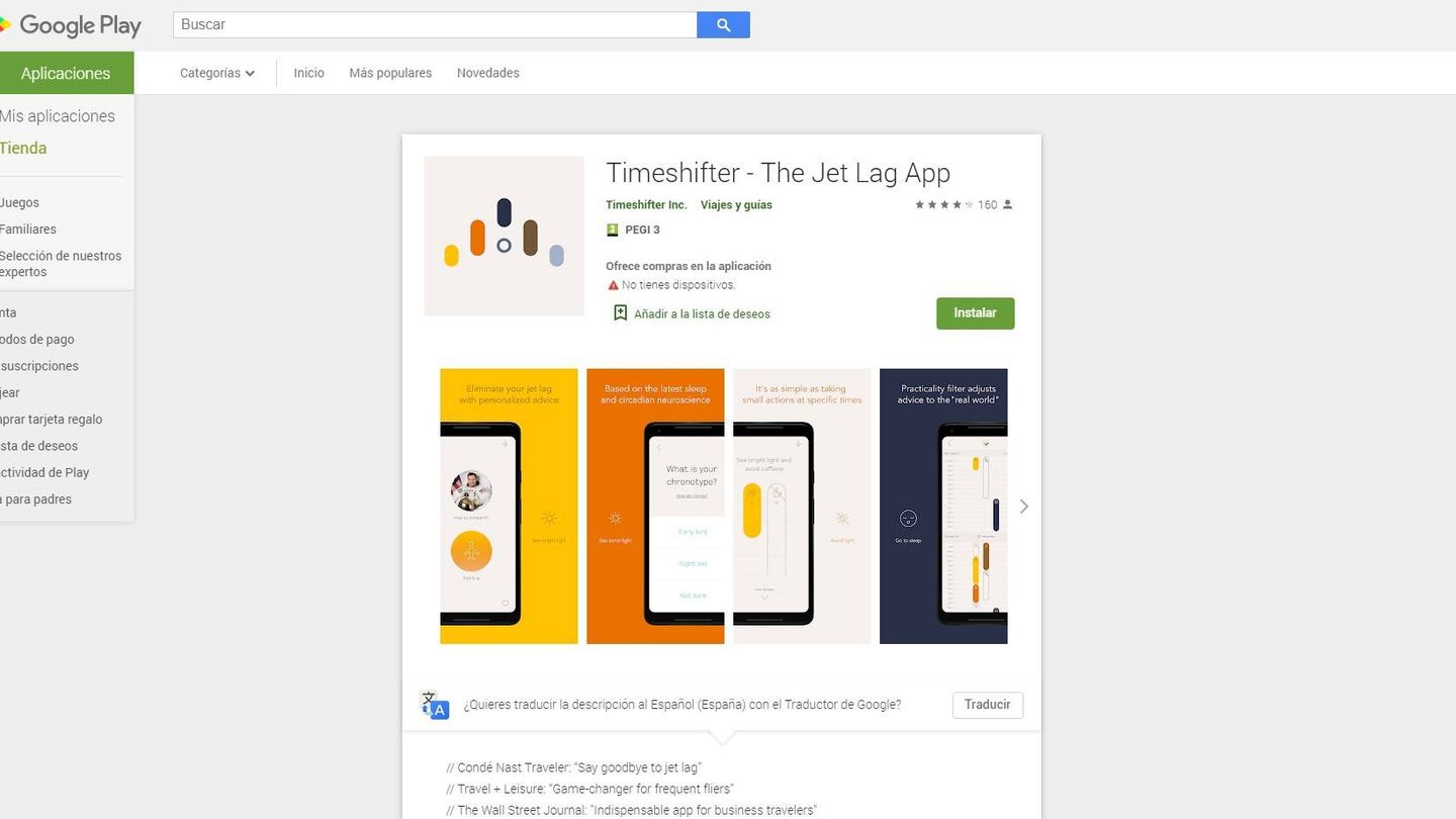 Vista previa de Timeshifter en Play Store de Google.