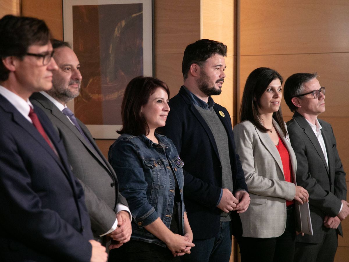 Foto: Salvador Illa, José Luis Ábalos, Adriana Lastra, Gabriel Rufián, Marta Vilalta y Josep Maria Jové. (Eva Ercolanese | PSOE)