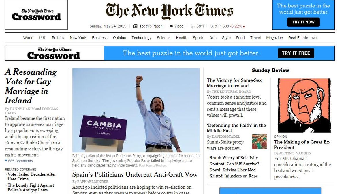 NYT abre su edición digital con foto de Pablo Iglesias y texto de corrupción en Valencia