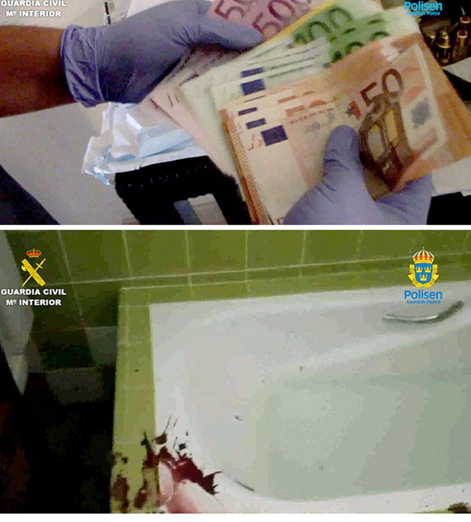 Arriba, incautación de dinero en la operación Tijereta; abajo, restos de sangre del narco sueco asesinado. (EFE)