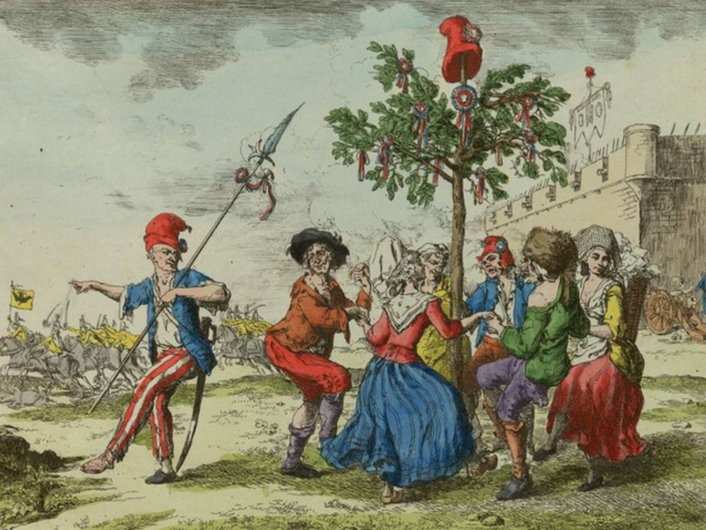 'Sans coulottes' franceses bailando una posible sardana alrededor de una barretina.